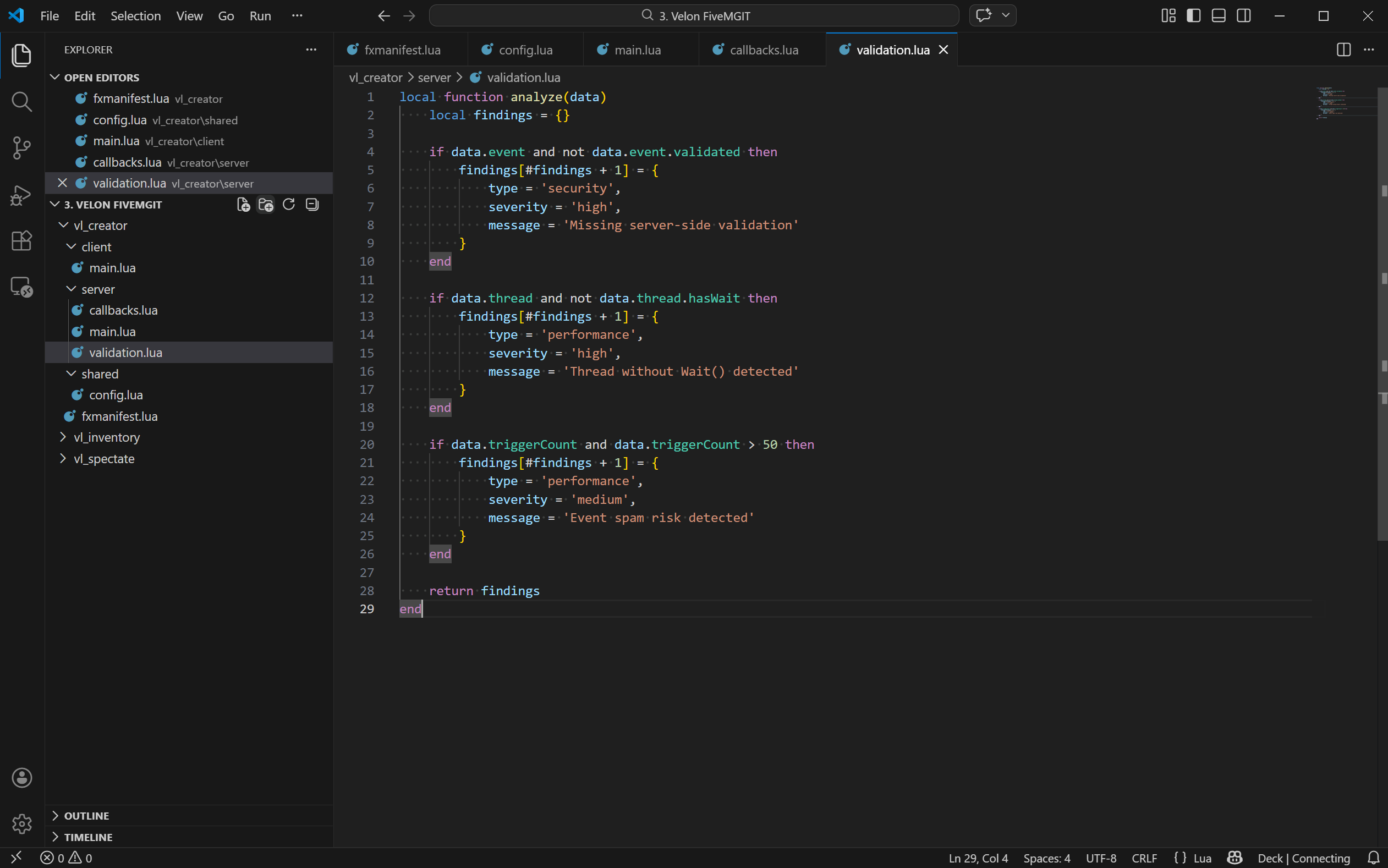 Velon Labs — Lua validation script analyzing FiveM server security