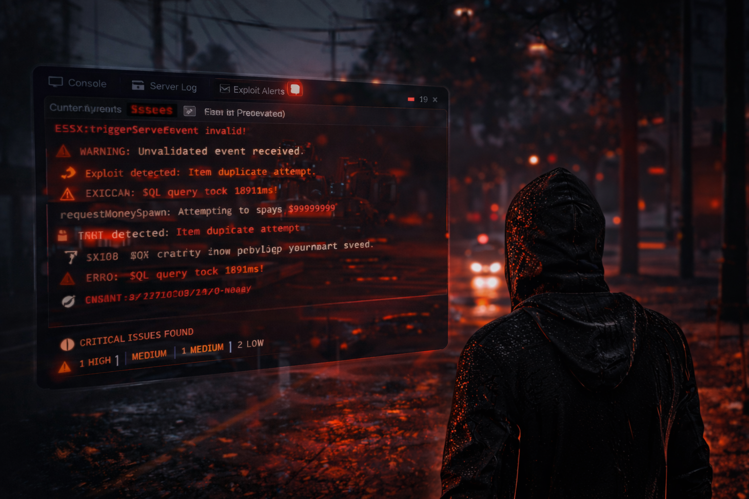 FiveM server console showing exploit logs and error messages